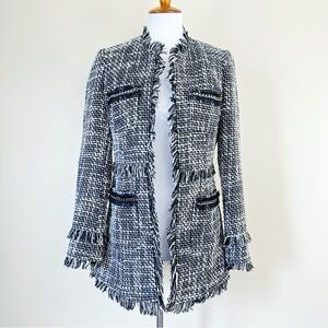 INC International Concepts Tweed Blazer Small Long Line Black White Fringe Trim